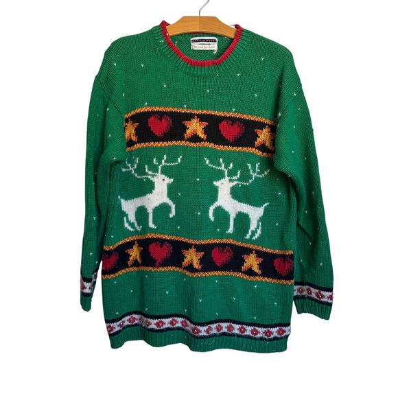 Vintage Jennifer Moore Hand Knit Reindeer Ugly Christmas Sweater Green Size L - Picture 1 of 7